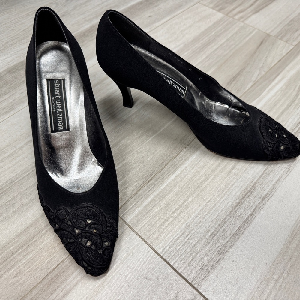 Stuart Weitzman Black Embroidered Heels